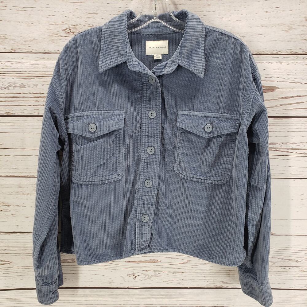 American Eagle Blue 100%Cotton Cropped Corduroy Button Up Jacket Size Medium